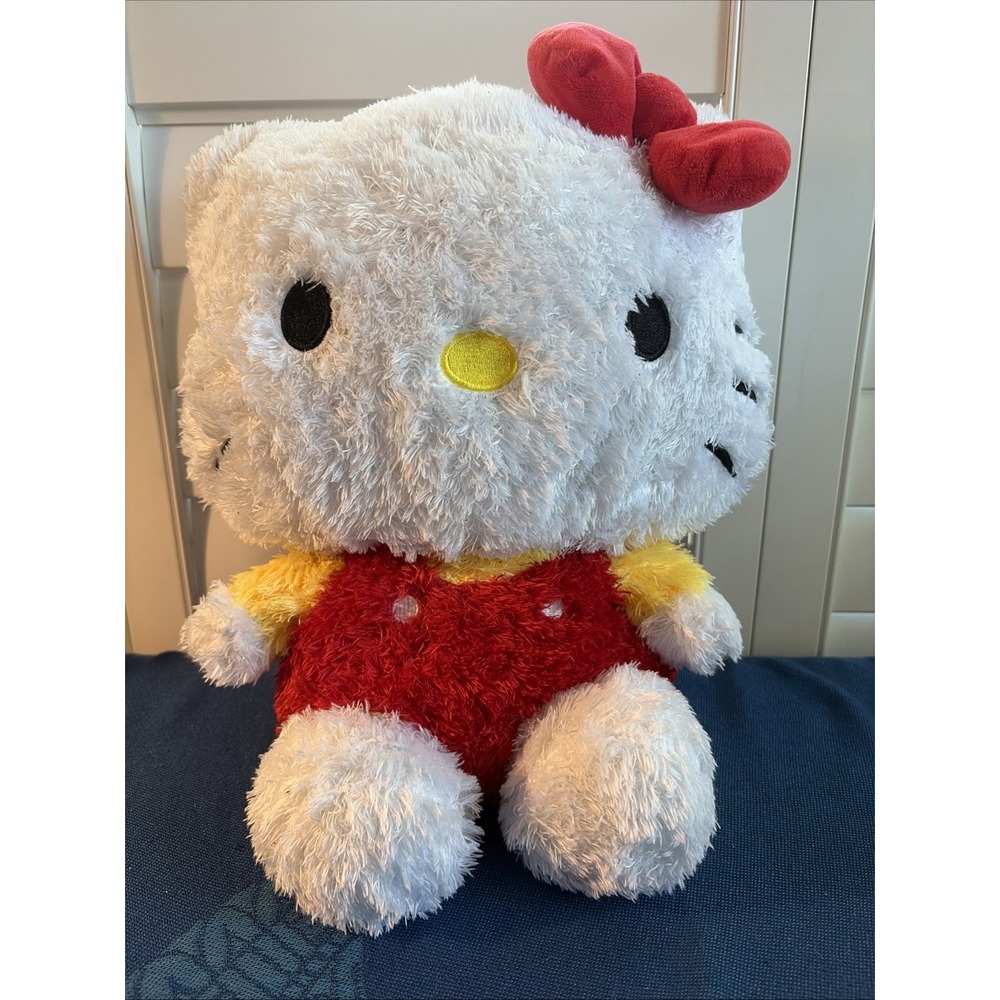 Sanrio Hello Kitty Jumbo Plush Doll Yellow Red Overalls Shaggy Fluffy Pillow